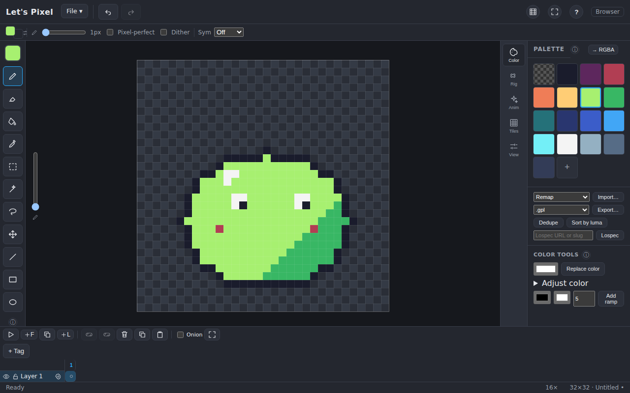 The Let's Pixel editor — drawing a sprite with the palette, tools, and timeline.